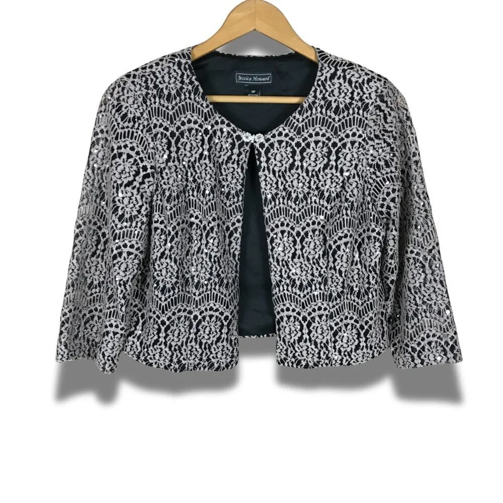 JESSICA HOWARD Tan/Black Lace Shrug Cardigan, 12P